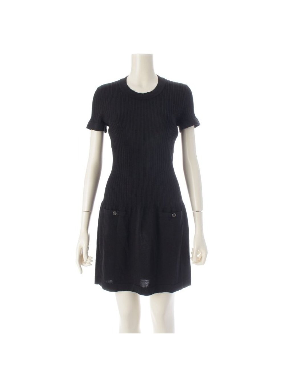 Chanel Circle CC Logo Short Sleeve Openwork Rib Knit Switch Dress Black 38